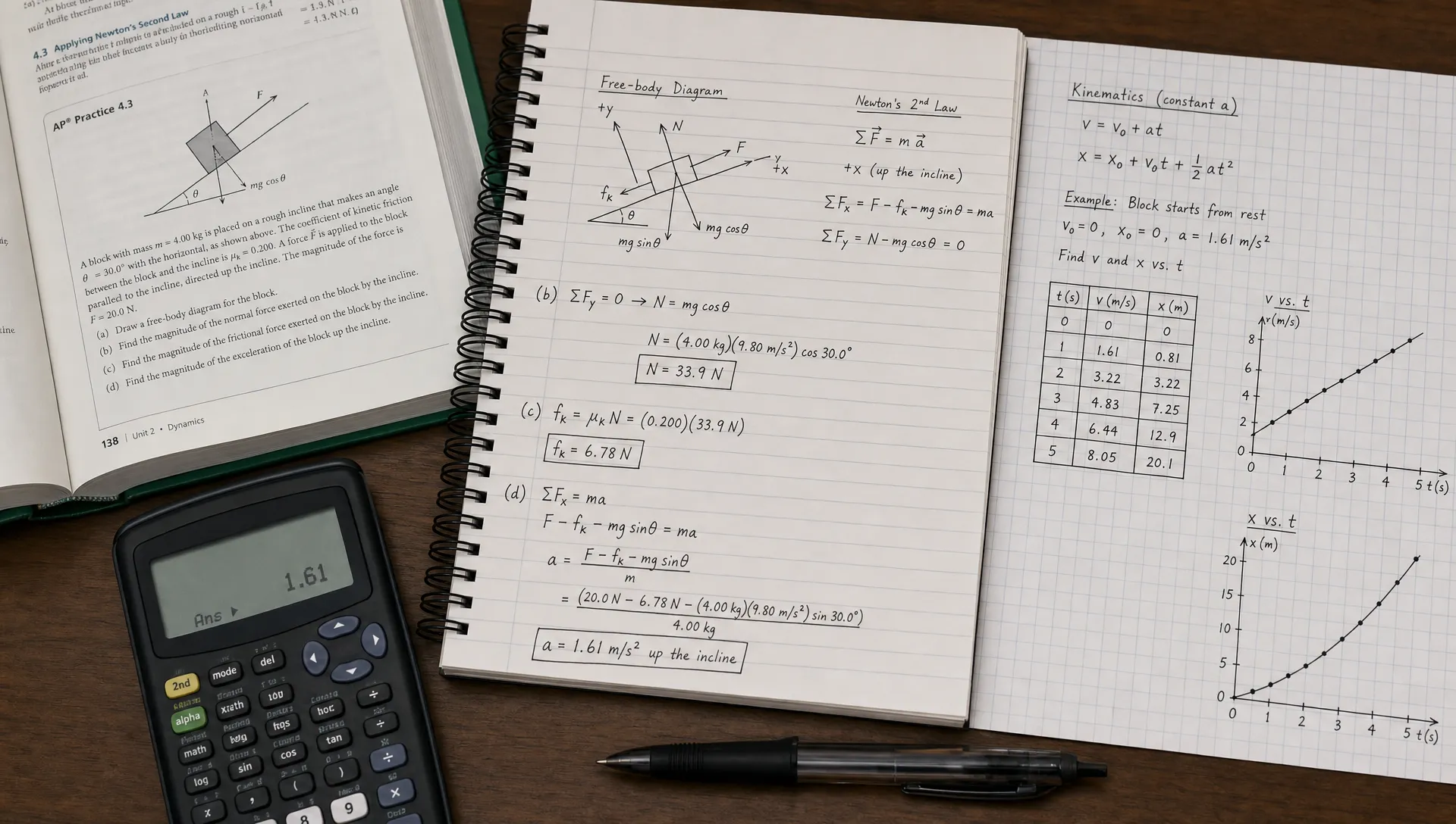 Student reviewing physics notes, formulas, and calculator work while choosing an AP Physics course